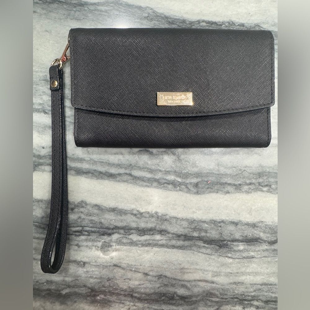 Kate Spade Saffiano Leather Womens Black Tri Fold Phone Case Wallet /Wristlet